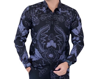 Men's Indonesia Batik Shirt Black, Long Sleeve Unique Pattern - Angga