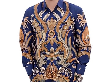 Men's Indonesia Batik Shirt Blue, Long Sleeve Unique Pattern - Ganendra