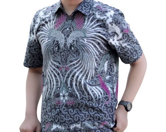 Men's Indonesia Batik Shirt Gray, Short Sleeve Unique Pattern - Kembar