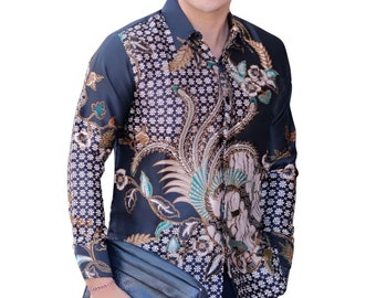 Men's Indonesia Batik Shirt, Black Sleeve Unique Pattern - Mahasura
