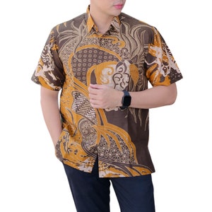 Men's Indonesia Batik Shirt Brown, Short Sleeve Unique Pattern - Lorena