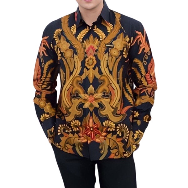 Chemise Batik indonésienne pour homme noire, manches longues, motif unique - Mahendra