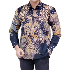Men's Indonesia Batik Shirt Black, Long Sleeve Unique Pattern - Aminata