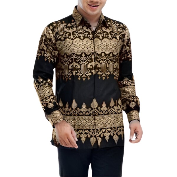 Heren Indonesië Batik-shirt zwart, uniek patroon met lange mouwen