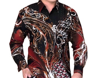 Men's Indonesia Batik Shirt Black, Long Sleeve Unique Pattern - Bima