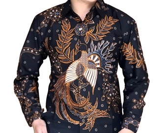 Men's Indonesia Batik Shirt Black, Long Sleeve Unique Pattern - Elang