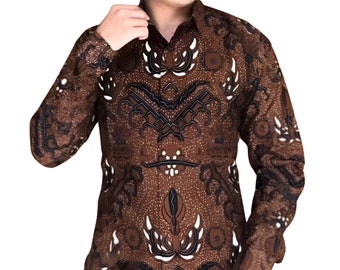 Men's Indonesia Batik Shirt Brown, Long Sleeve Unique Pattern - Saptha