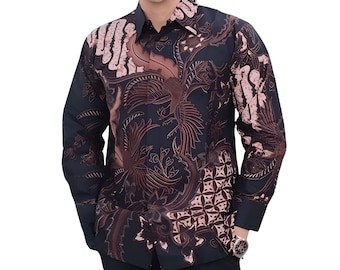 Men's Indonesia Batik Shirt Black, Long Sleeve Unique Pattern - Adinate