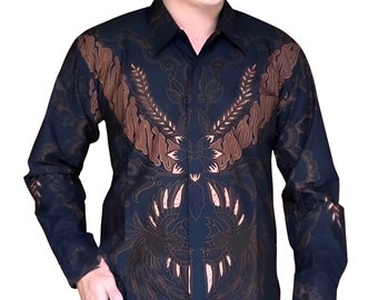 Chemise Batik Indonésie Homme Noir, Manches Longues Motif Unique - Natanega