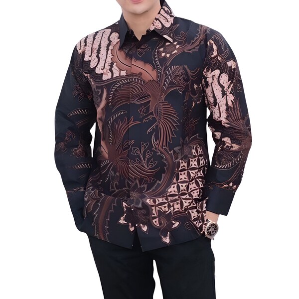 Heren Indonesië Batik-shirt zwart, uniek patroon met lange mouwen - Adinaat