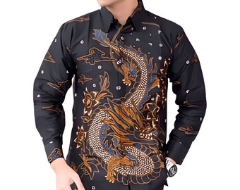 Men's Indonesia Batik Shirt Black, Long Sleeve Unique Pattern - Akhsa