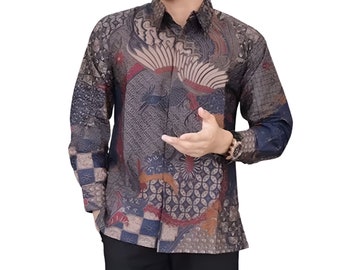 Men's Indonesia Batik Shirt Brown, Long Sleeve Unique Pattern - Wiryawan