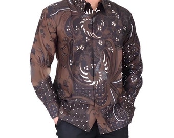 Men's Indonesia Batik Shirt Brown, Long Sleeve Unique Pattern - Wilarikta