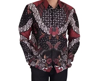 Men's Indonesia Batik Shirt Black, Long Sleeve Unique Pattern