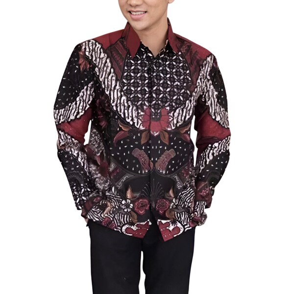 Men's Indonesia Batik Shirt Black, Long Sleeve Unique Pattern