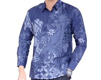 Men's Indonesia Batik Shirt Blue, Long Sleeve Unique Pattern - Bangga