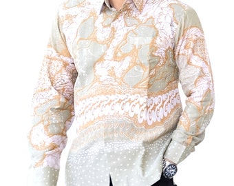 Men's Indonesia Batik Shirt Beige, Long Sleeve Unique Pattern - Kawah