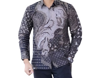 Men's Indonesia Batik Shirt Blue, Long Sleeve Unique Pattern - Utungga