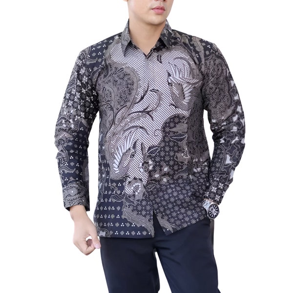 Men's Indonesia Batik Shirt Blue, Long Sleeve Unique Pattern - Utungga