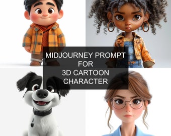 Midjourney Prompt for 3D Cartoon Character, Cartoon AI Art Prompt, Midjourney Prompts Guide, 3D Animated Character Midjourney