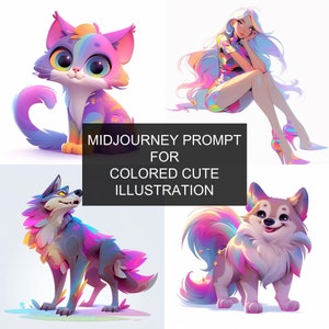 Midjourney Prompt for Colored Cute Illustration, Midjourney Prompts Guide, Midjourney Clipart, Cute Book Illustration, AI Art Prompts