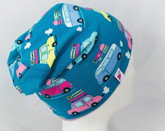 Bonnet enfant en jersey réversible (KU 49-52 cm) / voitures rétro - lilas à pois