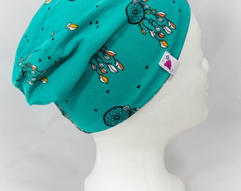 Bonnet jersey réversible enfant (KU 49-52 cm)/ attrape-rêves vert bouteille - pois noirs