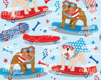 Bulldog 4 juli naadloos bestand, hond naadloos, Fourth of July naadloos, Independence Day naadloos, Bulldog, skateboards, voeg gewoon confetti toe