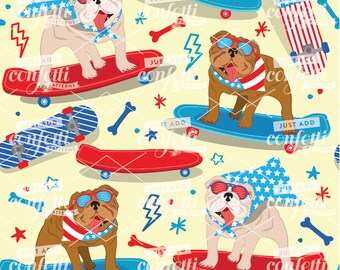 Bulldog 4 juli naadloos bestand, hond naadloos, vierde juli naadloos, Onafhankelijkheidsdag naadloos, Bulldog, skateboards, voeg gewoon confetti toe
