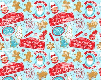 Naadloos bestand Mrs. Claus' Bake Shop, naadloos kerstpatroon, kerstkoekjes, kerstjurk, meisjesoutfit, gewoon confetti toevoegen