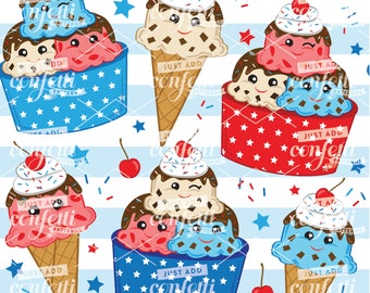 IJs 4 juli naadloos bestand, ijscoupe naadloos, 4 juli naadloos, Onafhankelijkheidsdag, zomerpatroon, voeg gewoon confetti toe