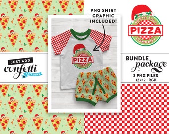 Naadloze kerstbestand met pizzathema BUNDEL, naadloze kerst, pizza, kerstpatroon, jongensoutfit, meisjesoutfit, kerstman, voeg gewoon confetti toe