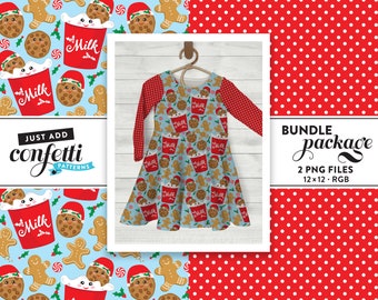 Naadloze bestand melk en koekjes BUNDEL, naadloos kerstpatroon, kerstmanmelk en koekjes, jongensoutfit, meisjesoutfit, voeg gewoon confetti toe