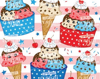 IJs 4 juli naadloos bestand, ijscoupe naadloos, 4 juli naadloos, Onafhankelijkheidsdag, zomerpatroon, voeg gewoon confetti toe