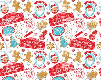 Naadloos bestand Mrs. Claus' Bake Shop, naadloos kerstpatroon, kerstkoekjes, kerstjurk, meisjesoutfit, gewoon confetti toevoegen