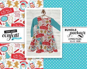 Naadloze bestand Mrs. Claus' Bake Shop BUNDEL, naadloos kerstpatroon, kerstkoekjes, kerstjurk, meisjesoutfit, voeg gewoon confetti toe