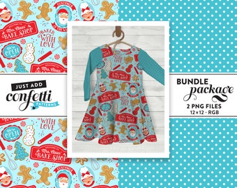Naadloze bestand Mrs. Claus' Bake Shop BUNDEL, naadloos kerstpatroon, kerstkoekjes, kerstjurk, meisjesoutfit, voeg gewoon confetti toe