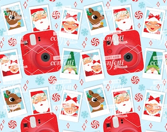 Instant camera naadloos bestand kerstfoto's, naadloos kerstpatroon, jongensoutfit, meisjesoutfit, kerstman, gewoon confetti toevoegen