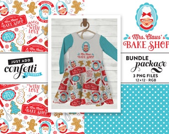 Naadloze bestand Mrs. Claus' Bake Shop BUNDEL, naadloos kerstpatroon, kerstkoekjes, kerstjurk, meisjesoutfit, voeg gewoon confetti toe