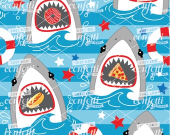 Haai 4 juli naadloos bestand, haai naadloos, vierde juli naadloos, Onafhankelijkheidsdag, zomer naadloos, kinderpatroon, voeg gewoon confetti toe