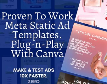 May include: A promotional graphic for "BitBundle" featuring ad templates. The design includes text overlays like "Proven To Work" and "Meta Static Ad Templates." Additional text promotes faster ad creation and includes the Canva logo. The color scheme is primarily blue and white.
