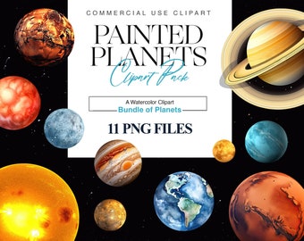 Watercolor Planets Clipart, Solar System, Space Clipart, Earth, Jupiter, Saturn, Mars Clipart, Sun, Education