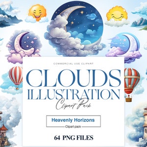 Cloud Illustrations Clipart, Watercolor Clouds, Sky Clipart, Rain Clouds, Rainbow Clipart, Fluffy Clouds PNG