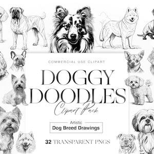 Hunde-Doodle-Clipart, süße Hunde, Welpe, Hunderassen, Illustrationen, Kreuzungen, Hundeliebhaber, Geburtstag, Strichzeichnungen