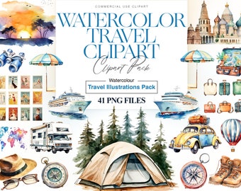 Watercolor Travel Clipart, Summer Travel, Road Trip Clipart, Vacation, Adventure, Camera Clipart, Holiday PNG