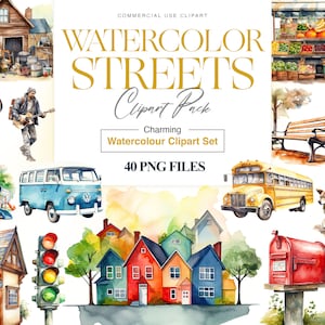 Watercolor Street Clipart, Neighborhood, House PNG, Buildings Clipart, Shops, Small Town Clipart, Landscape
