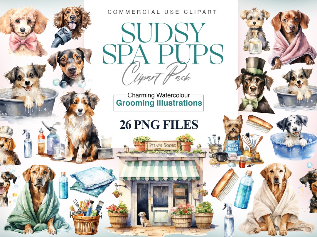 Watercolor Dog Grooming Clipart, Pet Groomer, Cute Dog Spa, Dog