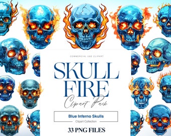 Blue Flame Skull Clipart, Flaming Skull PNG, Vintage Skulls Illustration, Fire Skull PNG, Halloween Skelton