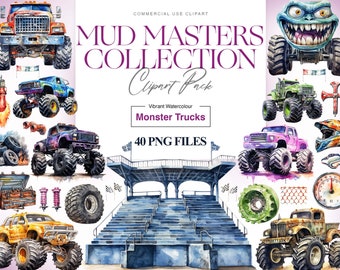 Watercolor Monster Truck Clipart, Racing, Big Truck, Off Road, Sublimation, Birthday Clipart, Gifts for Boys