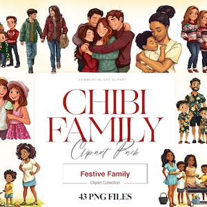 Clipart de familia Chibi, mamá hijo, abuelo, familia numerosa, mamá hija papá hijo, familia navideña, regalos para papá